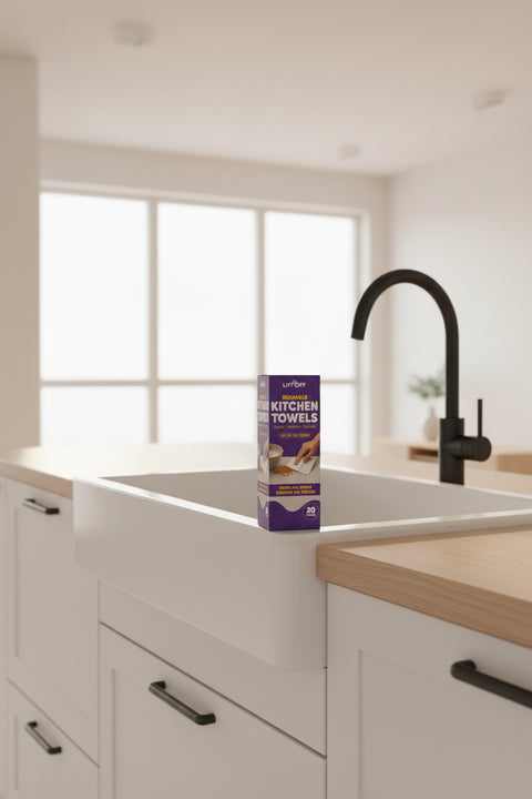 Box of LiftOff reusable kitchen towels in a kitchen setting